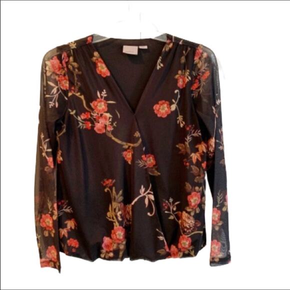 Vero Moda Blouse Top Black Orange Floral Surplice Long Sleeve Top Medium - Picture 1 of 8